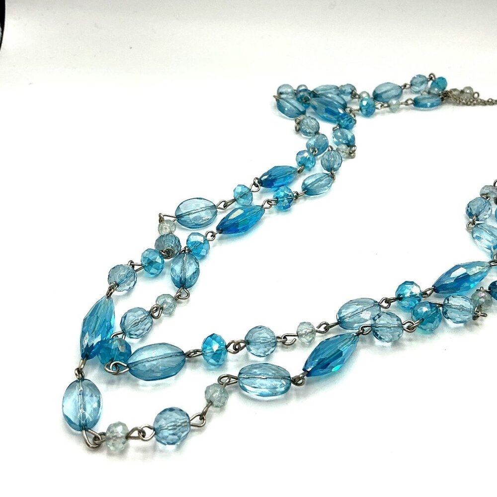 Vintage Multi-Strand Blue Bead Necklace With Silver-Tone Chain Adjustable Length